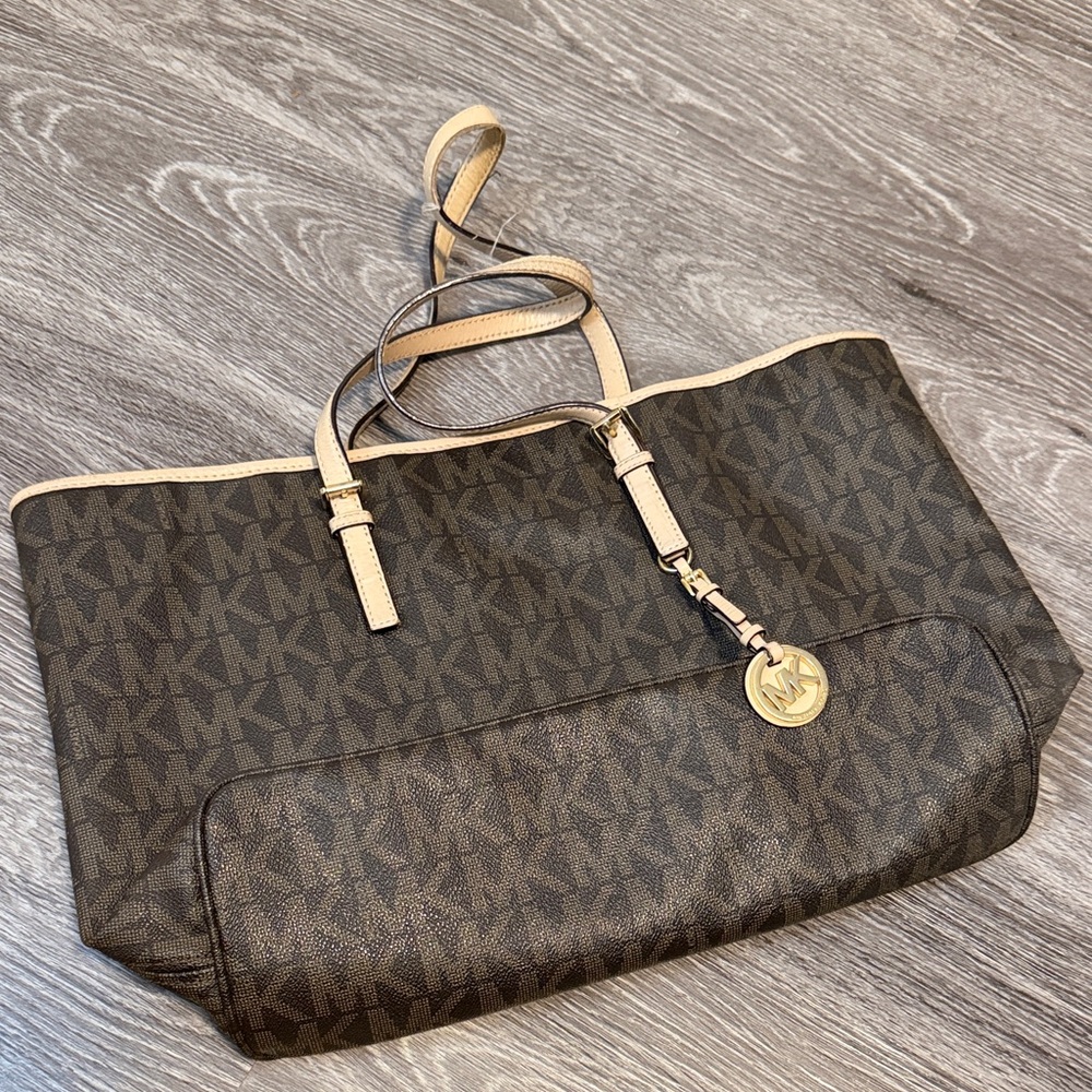 Michael Kors Brown MK Logo Tote with Beige Trim and Gold Medallion